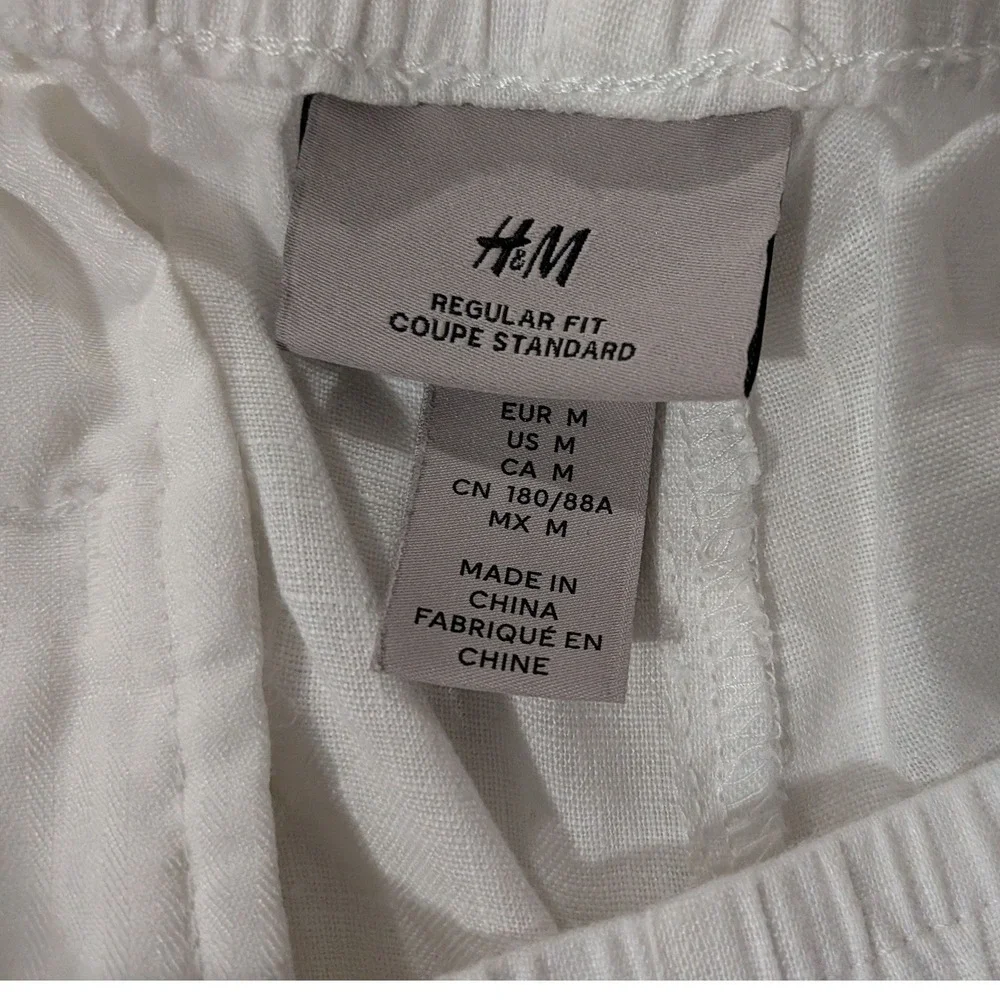 H&M White 100% Linen Regular Fit Elastic Waist Drawstring Pants Womens Medium